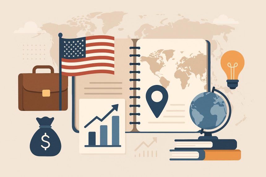 International business startup concept with American flag and global map background