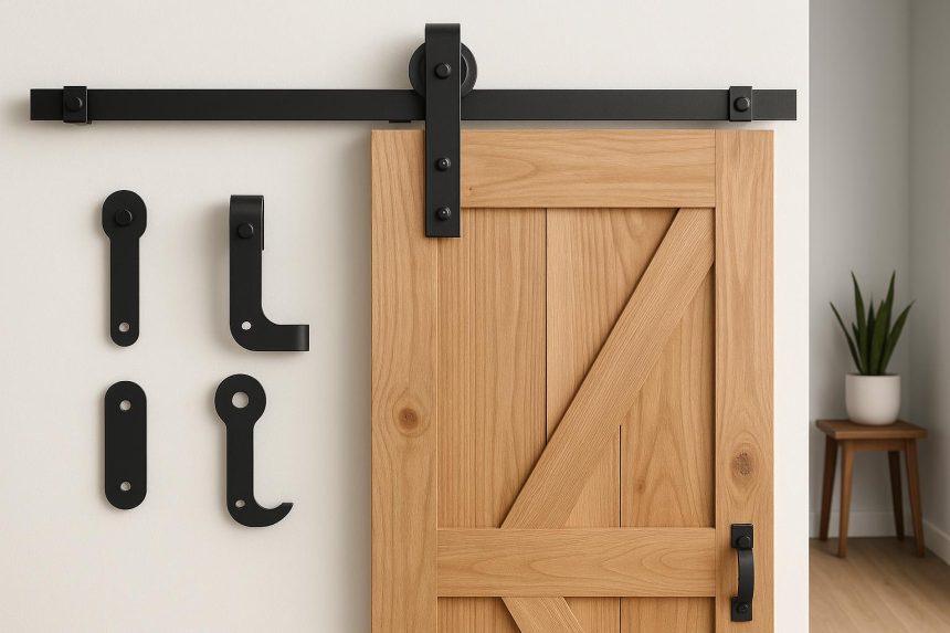Stylish modern barn door with black metal hardware matching contemporary home interior décor