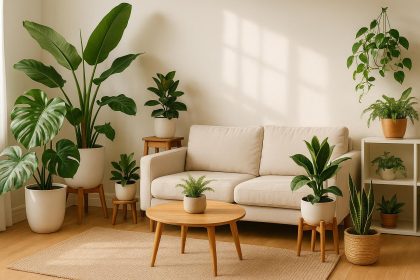 Lush indoor plants enhancing natural light and air quality in a modern living room setting