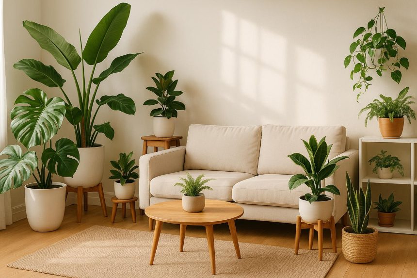 Lush indoor plants enhancing natural light and air quality in a modern living room setting