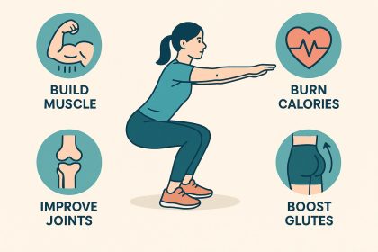 Person performing squats with proper form in a gym, highlighting benefits of regular squatting