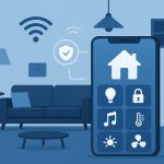 Modern living room featuring smart home devices like thermostat, lights, and voice assistant