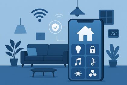 Modern living room featuring smart home devices like thermostat, lights, and voice assistant