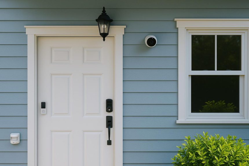 Smart door lock and security camera on apartment door illustrating easy home security upgrades