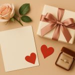 Elegant wrapped anniversary gift box with decorative ribbon on a table, symbolizing lasting love