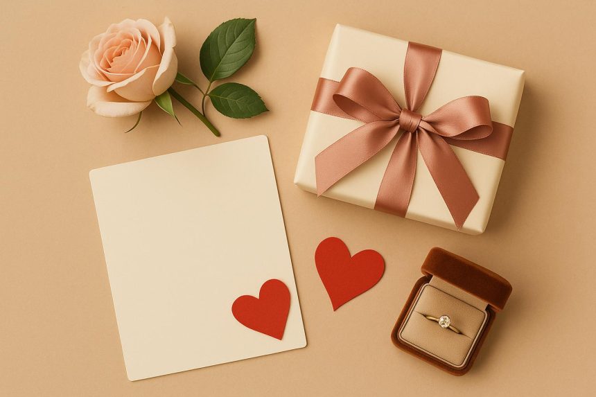 Elegant wrapped anniversary gift box with decorative ribbon on a table, symbolizing lasting love