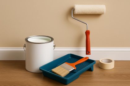 Freshly painted interior wall with clean edges and smooth finish using professional painting tools