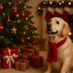 Dog wearing a festive Christmas sweater sitting by a decorated tree with holiday gifts