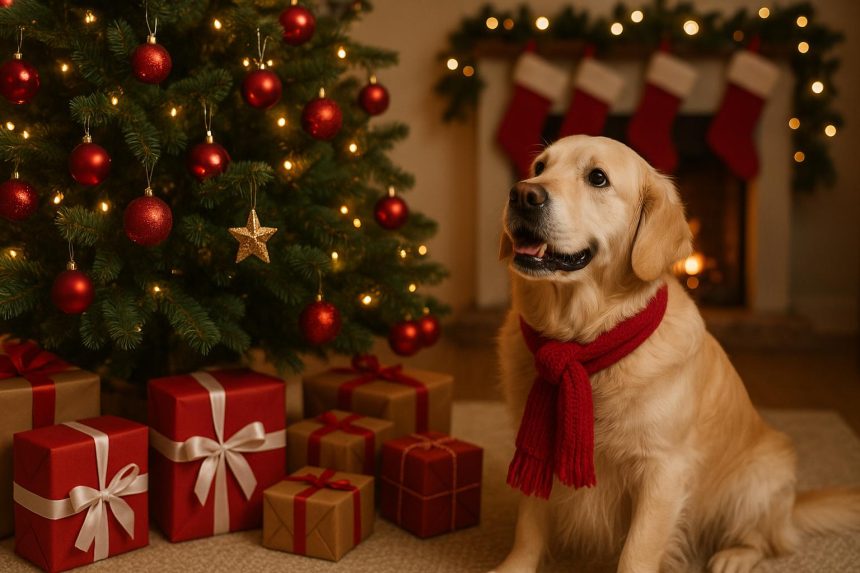 Dog wearing a festive Christmas sweater sitting by a decorated tree with holiday gifts