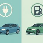 Electric and hybrid cars parked side by side at charging stations, highlighting eco-friendly choices