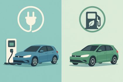 Electric and hybrid cars parked side by side at charging stations, highlighting eco-friendly choices