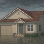 Sandbags and waterproof barriers protecting a home from rising floodwaters during heavy rain