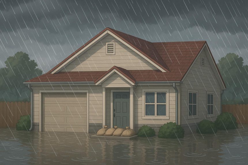 Sandbags and waterproof barriers protecting a home from rising floodwaters during heavy rain