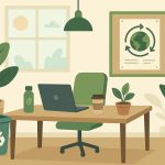 Eco-friendly office supplies and plants on a modern desk promoting workplace sustainability