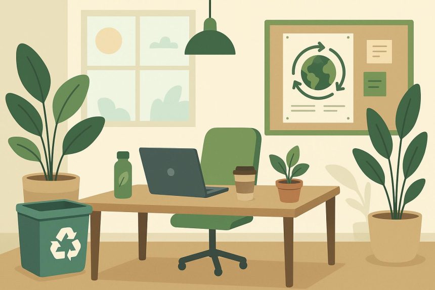 Eco-friendly office supplies and plants on a modern desk promoting workplace sustainability