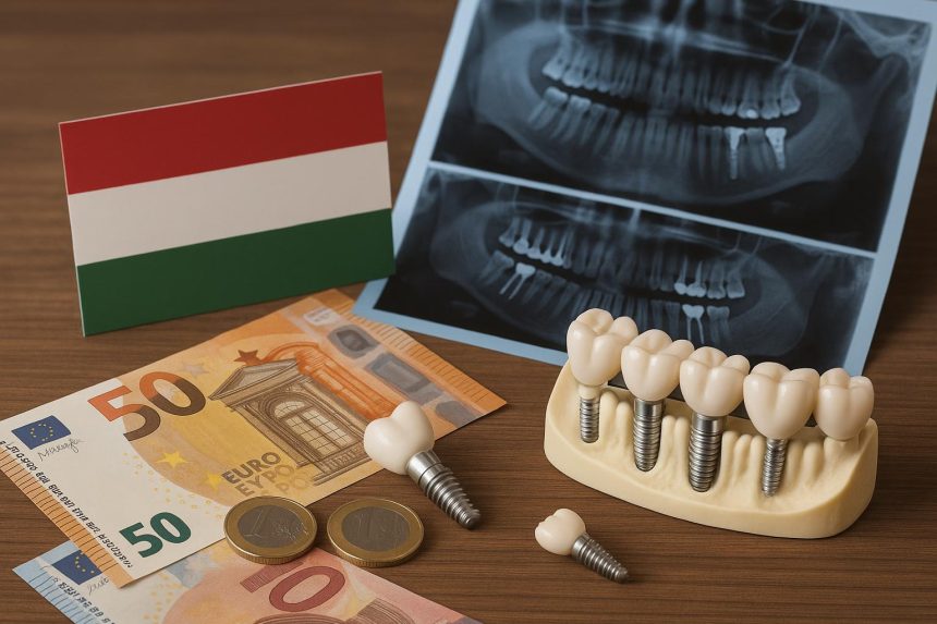 Dental implants, Hungarian clinic exterior, dental chairs, and full-mouth treatment options