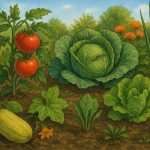 Lush organic vegetable garden with raised beds and thriving green plants illustrating gardening principles
