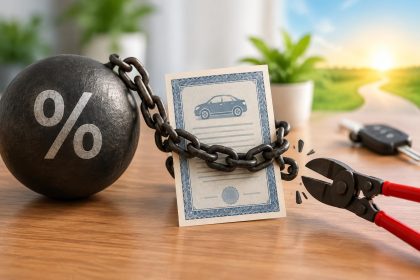 Car keys and cash stacked on a loan agreement, representing escaping high-interest title loans