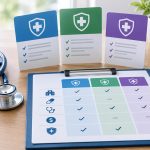 Comparison chart of medical coverage plans and health insurance policy documents on a desk