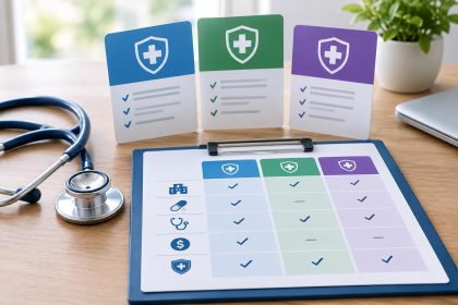 Comparison chart of medical coverage plans and health insurance policy documents on a desk
