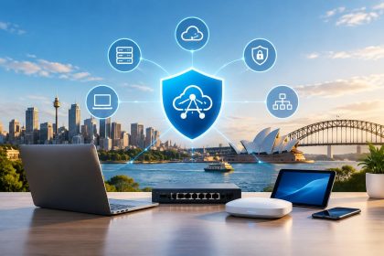 Modern server racks and digital network connections representing unified IT solutions in Australia