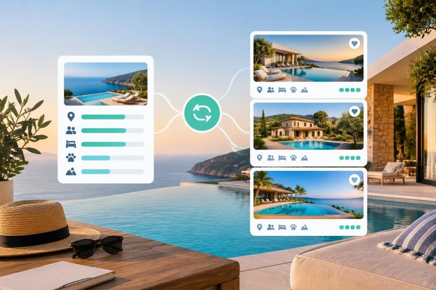 Luxury villa with pool showcased as example of curated vacation rental property matching platform