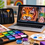 Colorful face painting supplies and brushes arranged for an online professional face painting course