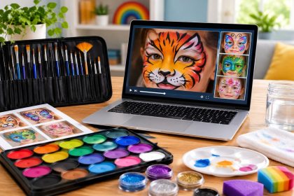 Colorful face painting supplies and brushes arranged for an online professional face painting course