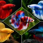 Colorful Siamese fighting fish showcasing five striking scale and fin variations in a tank