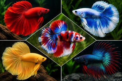 Colorful Siamese fighting fish showcasing five striking scale and fin variations in a tank