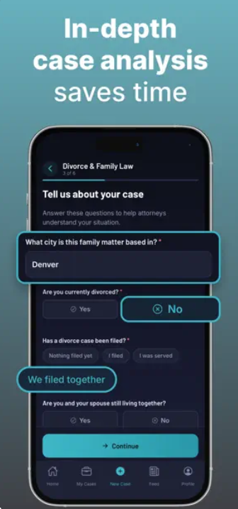 Legal Locate’s Case Building Wizard guiding a client through questions about a divorce and family law matter.