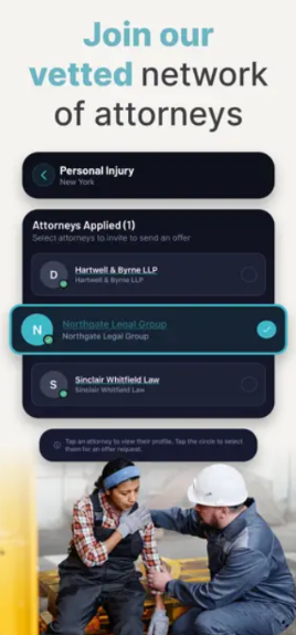 Legal Locate screen showing attorney applicants for a personal injury case, with one attorney selected.