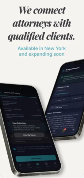 Legal Locate app screens connecting clients with attorneys in New York.